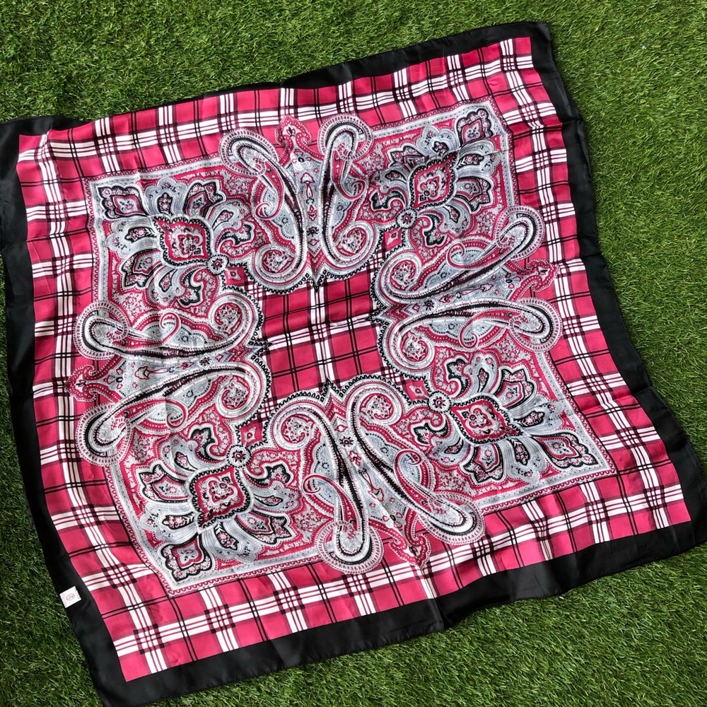 Square Scarf Red & Black Plaid Paisley 34" New